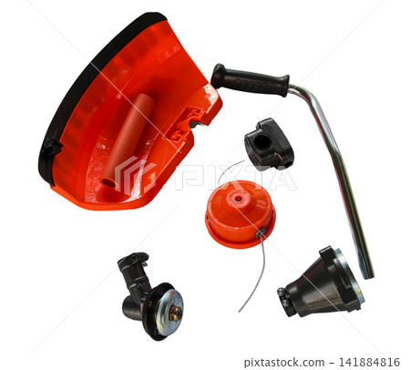 Spare components for orange string trimmer lawnmower include guard, handle, head, and gear head Spare components for orange string trimmer lawnmower include guard, handle, head, and gear head 141884816