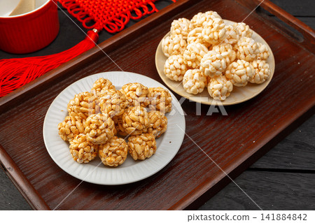 caramel sweet puffed rice balls crispy cereal treats 141884842