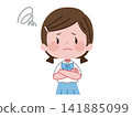 An illustration of a female student in a summer uniform with her arms crossed and a swirling pattern, looking troubled. 141885099