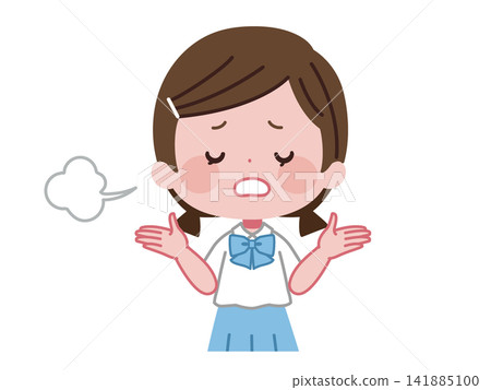一幅插圖，描繪了一名身穿夏季校服的女學生嘆氣並舉起雙手錶示認輸。 141885100