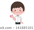 An illustration of a male student in a summer uniform guiding with his palm. 141885101
