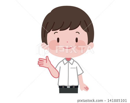 一幅插圖,描繪了一名身穿夏季校服的男學生用手掌指引方向。 一幅插圖,描繪了一名身穿夏季校服的男學生用手掌指引方向。 141885101