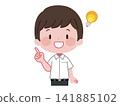 An illustration of a male student in a summer uniform giving an explanation and sharing his insights. 141885102