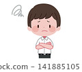 An illustration of a male student in a summer uniform with his arms crossed and a swirling pattern, looking troubled. 141885105