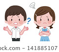 An illustration of male and female students in summer uniforms, showing expressions of doubt and worry. 141885107