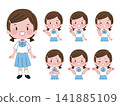 A set of illustrations of female students in summer uniforms with a wide variety of poses and expressions. 141885109