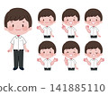 A set of illustrations of male students in summer uniforms with a wide variety of poses and expressions. 141885110