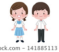 A set of illustrations of male and female middle school students smiling in their summer uniforms. 141885113