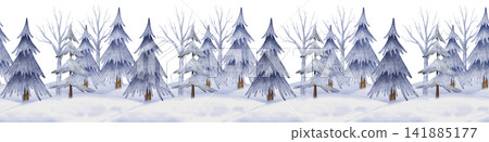 Watercolor illustration of winter landscape with snow covered blue pine trees and bare deciduous trees on white isolated background. Seamless borders for Christmas designs and festive holiday projects Watercolor illustration of winter landscape with snow covered blue pine trees and bare deciduous trees on white isolated background. Seamless borders for Christmas designs and festive holiday projects 141885177