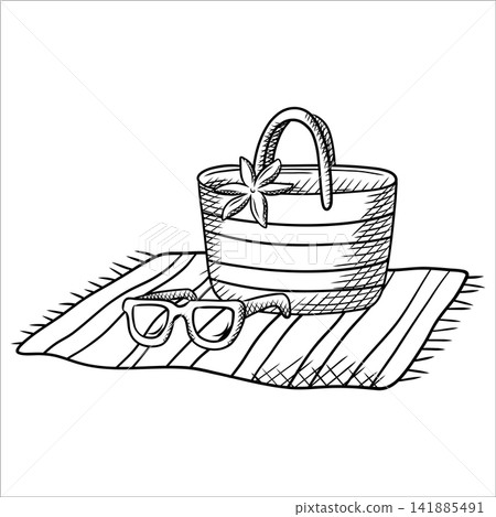Summer black and white hand-drawn illustrations for tourism, travel, menus, restaurants, and cafes. Coconut, sea, beach, and drinks 141885491