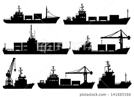 Set of silhouettes of sea cargo ships and container ships isolated on white background Set of silhouettes of sea cargo ships and container ships isolated on white background 141885588