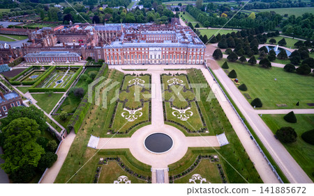 Drone shot of Hampton Court Palace Facade. Drone shot of Hampton Court Palace Facade. 141885672