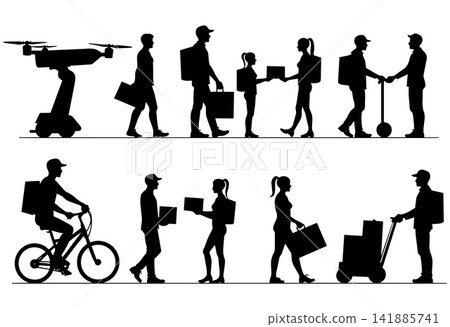 Delivery people silhouettes set drone scooter bike cart delivering packages urban service Delivery people silhouettes set drone scooter bike cart delivering packages urban service 141885741