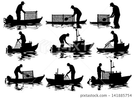 Fishermen silhouettes working on boats isolated on white background with sea ripple effect 141885754