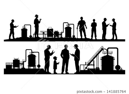 Industrial factory workers silhouettes working with machinery and large containers set Industrial factory workers silhouettes working with machinery and large containers set 141885764