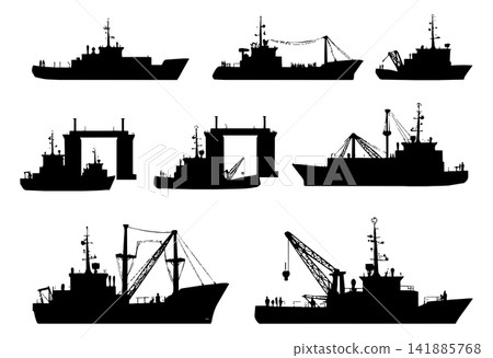 Industrial ship silhouettes set collection featuring various vessel types for ocean marine Industrial ship silhouettes set collection featuring various vessel types for ocean marine 141885768