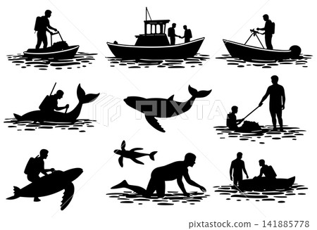 Marine research silhouettes featuring divers boats and aquatic animals in various actions Marine research silhouettes featuring divers boats and aquatic animals in various actions 141885778