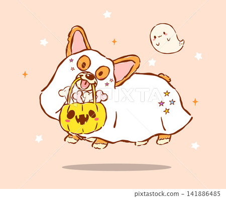 Cute Halloween corgi dog spooky ghost playful hand drawn doodle, whimsical cartoon character Cute Halloween corgi dog spooky ghost playful hand drawn doodle, whimsical cartoon character 141886485