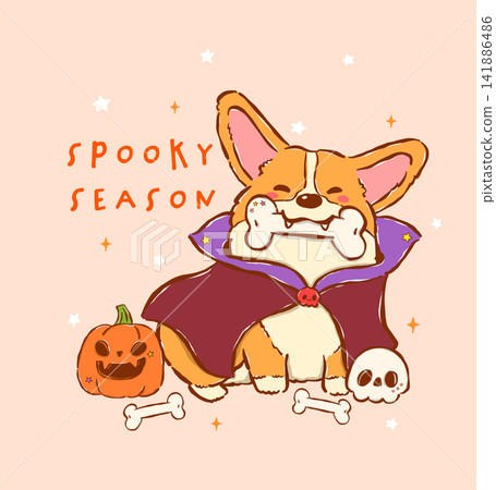 Cute Halloween corgi dog vampire costume playful hand drawn doodle, whimsical spooky cartoon character Cute Halloween corgi dog vampire costume playful hand drawn doodle, whimsical spooky cartoon character 141886486