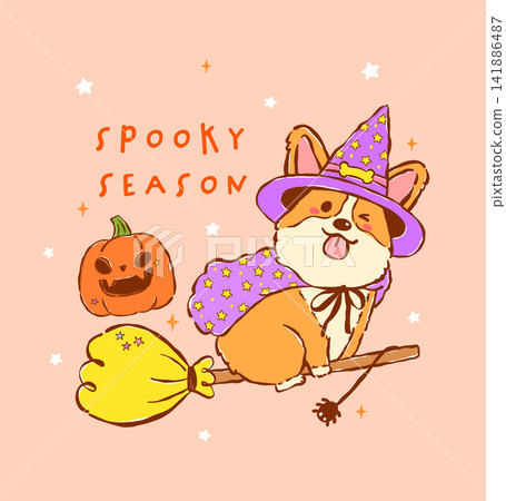 Cute Halloween corgi dog witch flying on broom playful hand drawn doodle, whimsical spooky cartoon character Cute Halloween corgi dog witch flying on broom playful hand drawn doodle, whimsical spooky cartoon character 141886487