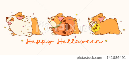 Cute kawaii Halloween corgi dog ghost, pumpkin playful hand drawn doodle set 141886491