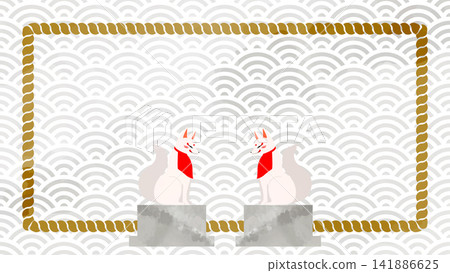 A watercolor-style framed illustration of two Inari fox statues facing each other against a background of a seigaiha (wave pattern) and shimenawa (sacred rope). A watercolor-style framed illustration of two Inari fox statues facing each other against a background of a seigaiha (wave pattern) and shimenawa (sacred rope). 141886625