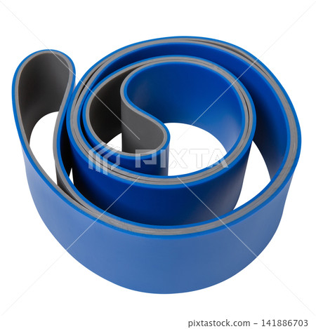 Blue and grey heavy resistance loop training band isolated on white background. Coiled elastic exercise band for strength training top view Blue and grey heavy resistance loop training band isolated on white background. Coiled elastic exercise band for strength training top view 141886703