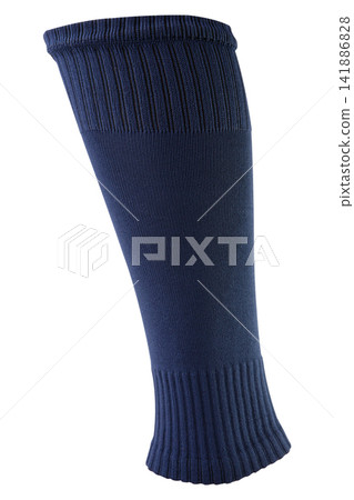 Dark blue footless football sock isolated on white background. Single soccer calf sleeve for shin guard support close up Dark blue footless football sock isolated on white background. Single soccer calf sleeve for shin guard support close up 141886828