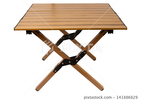 Folding camping table with wood grain aluminum roll up top isolated on white background. Portable outdoor picnic table with cross legs front view Folding camping table with wood grain aluminum roll up top isolated on white background. Portable outdoor picnic table with cross legs front view 141886829