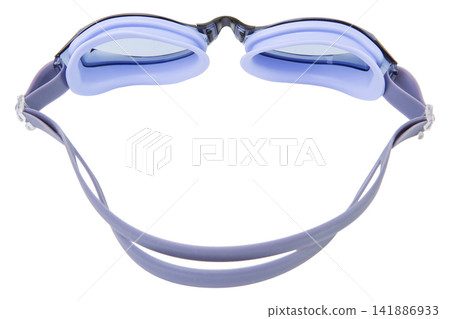 Grey blue swimming goggles with silicone seals isolated on white background. Professional swim eyewear top view studio shot Grey blue swimming goggles with silicone seals isolated on white background. Professional swim eyewear top view studio shot 141886933