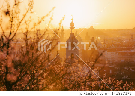 Panorama of Prague historic city center towers during sunny spring morning Panorama of Prague historic city center towers during sunny spring morning 141887175