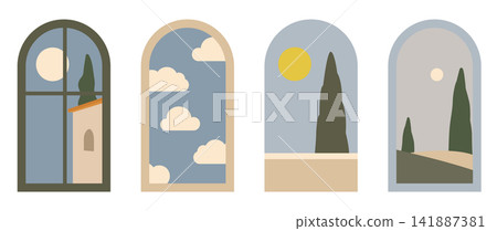 Minimalist Arch Window Landscape Collection. Mediterranean Views Vector Set Minimalist Arch Window Landscape Collection. Mediterranean Views Vector Set 141887381