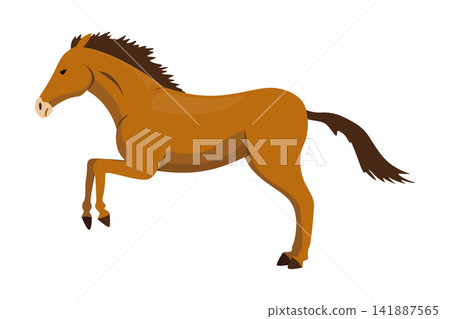Side view of a stylized brown horse galloping, flowing mane and tail, and smooth simplified shapes on a plain light background 141887565