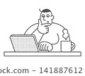 Line art illustration of a man working on a computer. 141887612