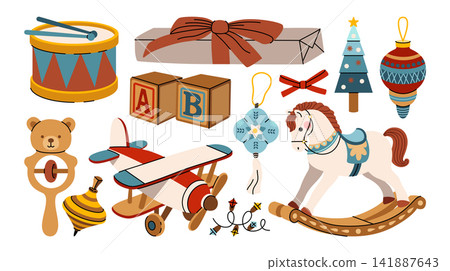 Christmas and New Year decorations, Christmas tree toys, ball, baubles, garland, teddy bear rattle, rocking horse, helicopter, wooden letter blocks, spinning top, drum, sticks, glass ball, bow, gift. Christmas and New Year decorations, Christmas tree toys, ball, baubles, garland, teddy bear rattle, rocking horse, helicopter, wooden letter blocks, spinning top, drum, sticks, glass ball, bow, gift. 141887643