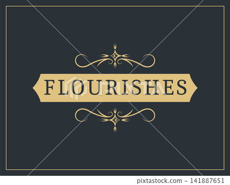 Flourishes calligraphic vintage ornamental background. Vector luxury invitation, restaurant menu or royalty certificate. Golden ornate page with swirls and vignettes elements Flourishes calligraphic vintage ornamental background. Vector luxury invitation, restaurant menu or royalty certificate. Golden ornate page with swirls and vignettes elements 141887651