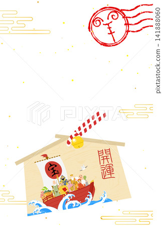Japanese-style New Year's card for the Year of the Sheep (2027): Sheep with the Seven Lucky Gods and a treasure ship, and a stamp of the Year of the Sheep. Japanese-style New Year's card for the Year of the Sheep (2027): Sheep with the Seven Lucky Gods and a treasure ship, and a stamp of the Year of the Sheep. 141888060