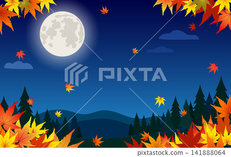 秋夜星空，滿月高懸，落葉繽紛 | 滿月、落葉、月夜、秋季、森林、山脈、楓樹、自然、背景 141888064