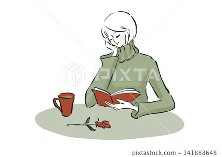 A woman in a turtleneck sweater reading a book in a cafe. A woman in a turtleneck sweater reading a book in a cafe. 141888648