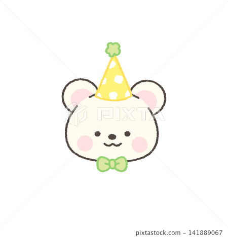 A polar bear face icon wearing a party hat and bow tie. A polar bear face icon wearing a party hat and bow tie. 141889067