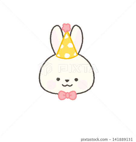 A white rabbit face icon wearing a party hat and bow tie. A white rabbit face icon wearing a party hat and bow tie. 141889131