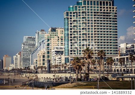 Modern hotel skyline and Mediterranean coastline seen from the Charles Clore promenade in Tel Aviv 141889332