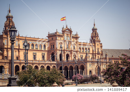 Panoramic architectural view of the iconic Plaza of Spain in Seville Panoramic architectural view of the iconic Plaza of Spain in Seville 141889417