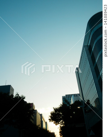 黃昏時分的城市天際線與天空 黃昏時分的城市天際線與天空 141889423