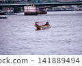 View of motorboats and passenger boats navigating the Chao Phraya River near Memorial Bridge 141889494