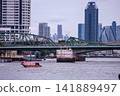 View of motorboats and passenger boats navigating the Chao Phraya River near Memorial Bridge 141889497