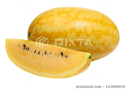 A piece and a whole yellow watermelon on an isolated background A piece and a whole yellow watermelon on an isolated background 141890434