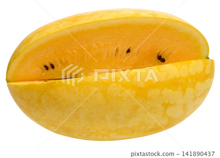 A cut yellow watermelon with seeds close-up, isolated background A cut yellow watermelon with seeds close-up, isolated background 141890437