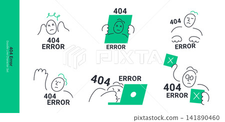 404 error page and website problem concepts. Doodle line characters feeling confused, frustrated with laptop error, missing link, and system crash warning. 404 error page and website problem concepts. Doodle line characters feeling confused, frustrated with laptop error, missing link, and system crash warning. 141890460