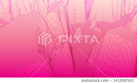 Digital landscape with mountains and plateus made of line grid in futuristic technology or science style Digital landscape with mountains and plateus made of line grid in futuristic technology or science style 141890563